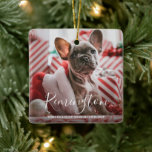 Cute Photo Puppy Dog First Christmas Ceramic Ornament<br><div class="desc">Cute Christmas ornament featuring two photos of your pet dog or cat and elegant typography. The front side has your pet's name in a large format white handwriting along with your personalised holiday greeting. The backside has the second picture with the year. This ornament makes the perfect gift for your...</div>