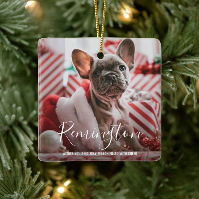 Cute Photo Puppy Dog First Christmas Ceramic Ornament (Tree)