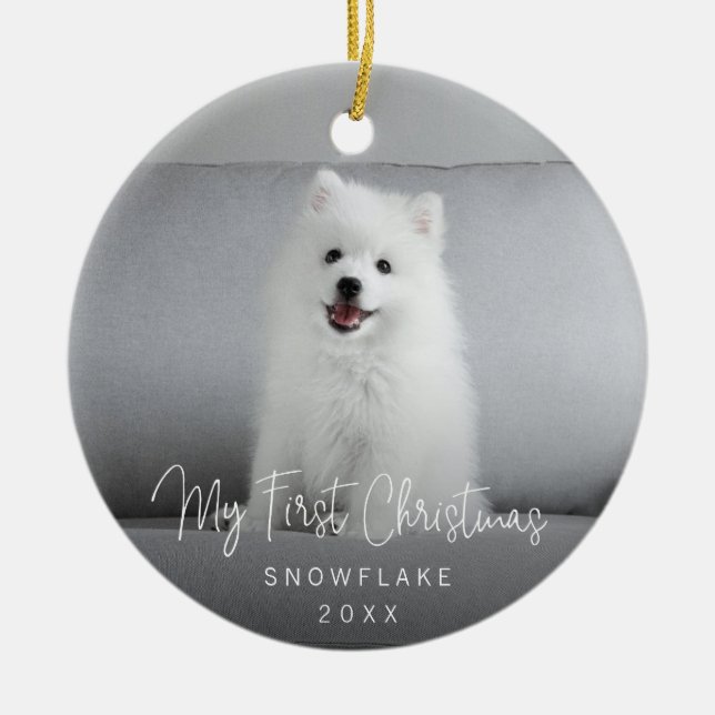 Cute Photo Puppy Dog First Christmas Ceramic Tree Decoration (Front)