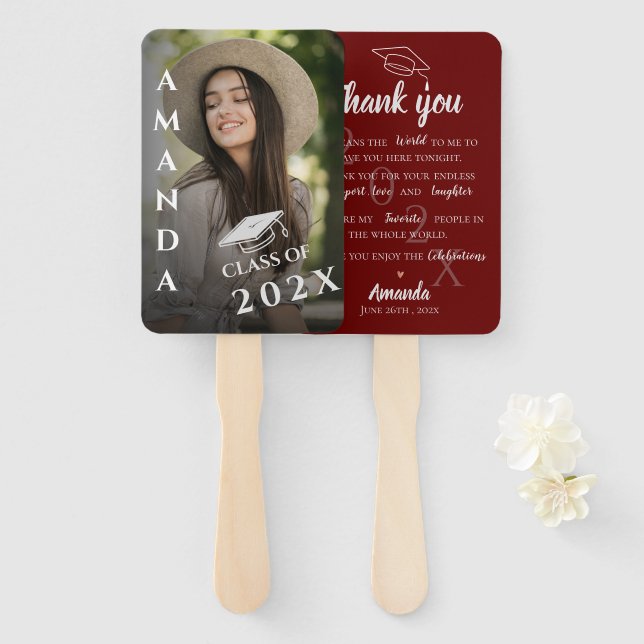 Cute Photo Quote Red 2025 Graduation Thank You Hand Fan (Front and Back)