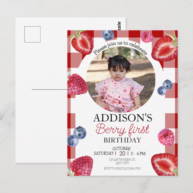 Cute Photo Red Blue Berry Sweet 1st Birthday Postcard (Front/Back)