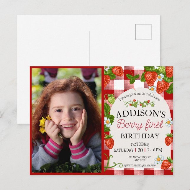 Cute Photo Red Blue Berry Sweet 1st Birthday Postcard (Front/Back)
