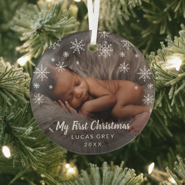 Cute Photo Snowflakes Baby First Christmas Glass Tree Decoration (Insitu)