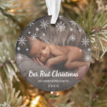 Cute Photo Snowflakes Grandparents First Christmas Ornament<br><div class="desc">Cute Christmas Ornament featuring a simple yet elegant design with snowflakes at the top and "Our First Christmas as Grandparents" in chalk script along with baby's birth year over your favourite newborn photo. This modern gender neutral baby ornament makes a great gift for new grandparents, whether your new baby is...</div>