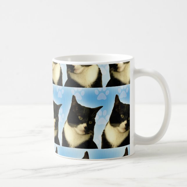 Cute  Photo Tuxedo Cat on Blue  Pattern Coffee Mug (Right)