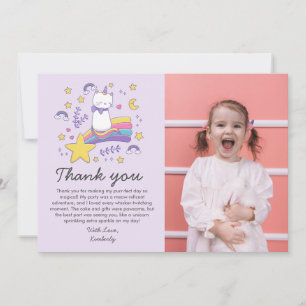 Cute Photo Unicorn Cat Kids Birthday Party Thank You Card