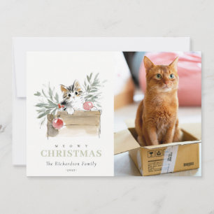 Cute Photo Watercolor Meowy Christmas Box Cat Holiday Card