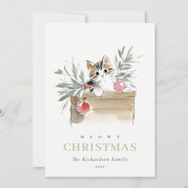 Cute Photo Watercolor Meowy Christmas Box Cat Holiday Card (Front)