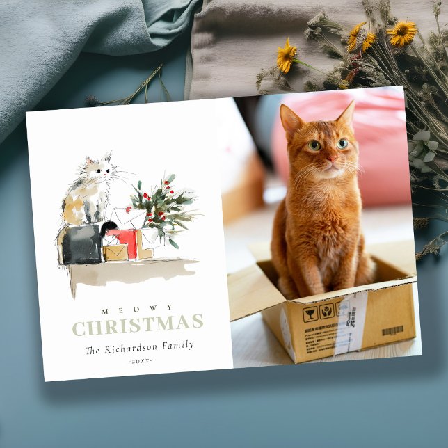 Cute Photo Watercolor Meowy Christmas Gift Cat Holiday Card (Creator Uploaded)