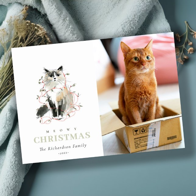 Cute Photo Watercolor Meowy Christmas Lights Cat Holiday Card (Creator Uploaded)