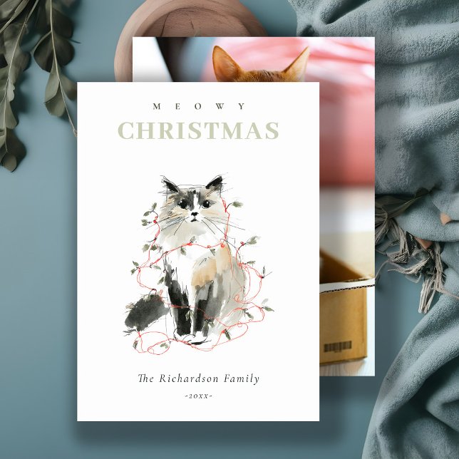 Cute Photo Watercolor Meowy Christmas Lights Cat Holiday Card (Creator Uploaded)