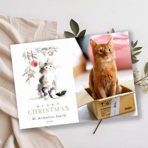 Cute Photo Watercolor Meowy Christmas Tree Cat Holiday Card