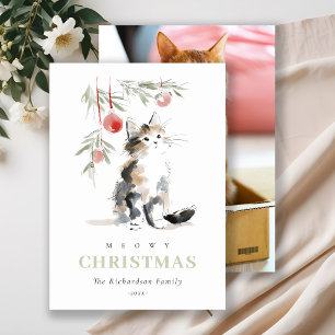 Cute Photo Watercolor Meowy Christmas Tree Cat Holiday Card