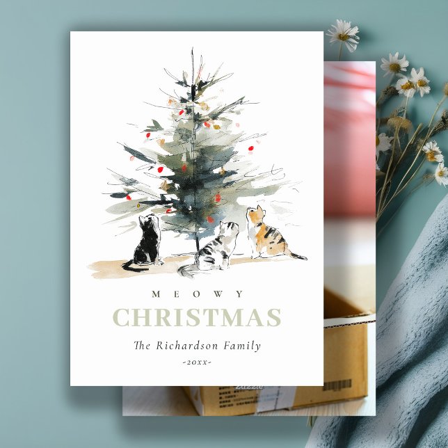 Cute Photo Watercolor Meowy Christmas Tree Cats  Holiday Card (Creator Uploaded)