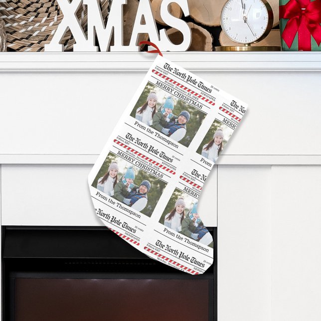 Cute Photo Whimsical Newspaper Candy Cane Print Small Christmas Stocking (Cute simple whimsical newspaper print typography design.)