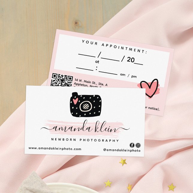 Cute Photographer Camera Black & Pink Appointment Business Card (Creator Uploaded)