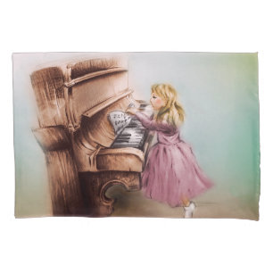 Cute Piano Girl, Elegant Vintage Art for Kids Pillowcase