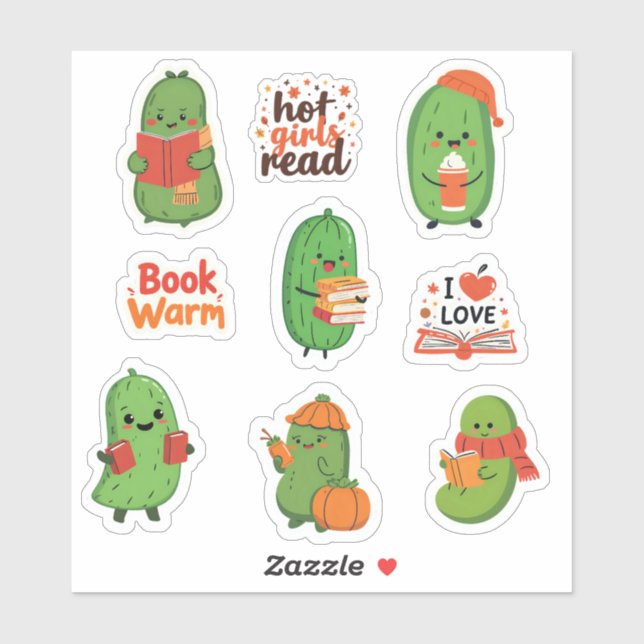 Cute Pickle Book Lover Stickers Funny Cosy Fall  (Sheet)