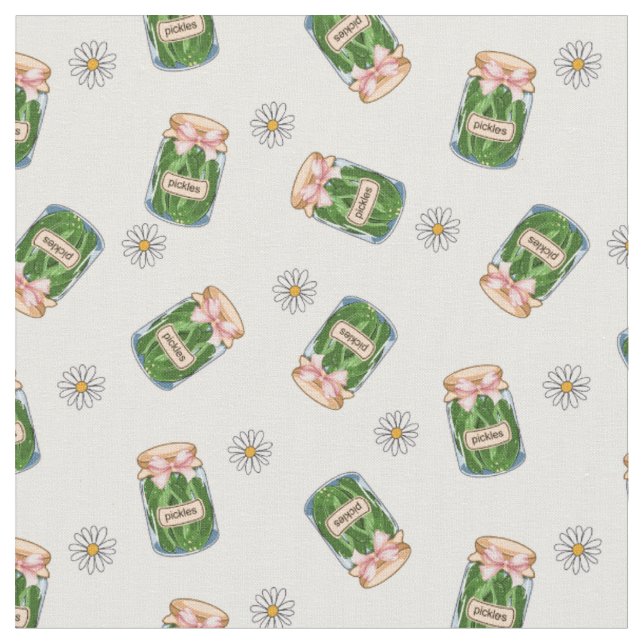 Cute Pickle Jar & Daisy Seamless Pattern Fabric  (Close Up)