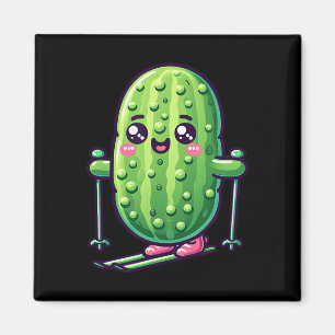 Cute Pickle On Skis Kawaii Skiing Mountain Vibes Magnet
