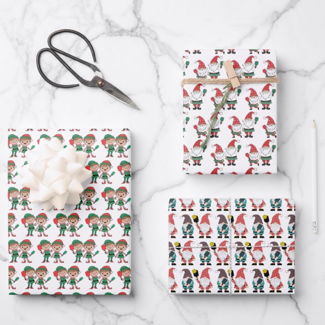 Cute Pickleball Christmas Elves and Gnomes Wrapping Paper Sheet (Front)