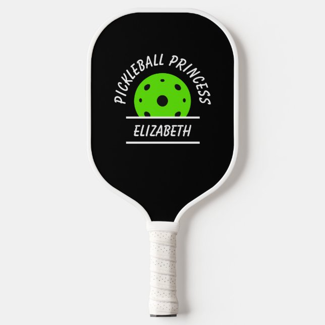 Cute Pickleball Princess Name Ball Black Green Pickleball Paddle (Front)
