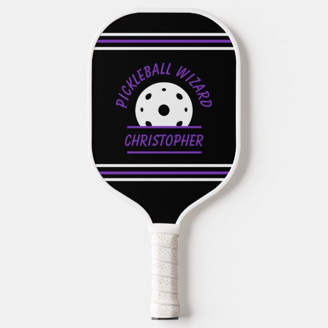 Cute Pickleball Wizard Name Ball Black Purple Pro  Paddle (Front)