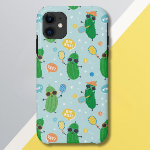 Cute Pickles playing Pickleball on light blue iPhone 11 Case