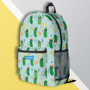Cute Pickles playing Pickleball on light blue Printed Backpack