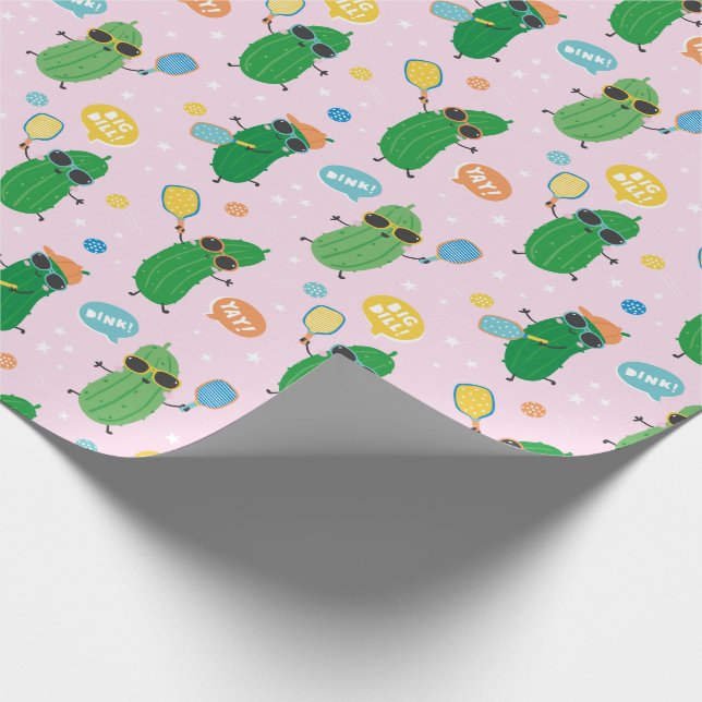Cute Pickles playing Pickleball on light pink Wrapping Paper (Corner)
