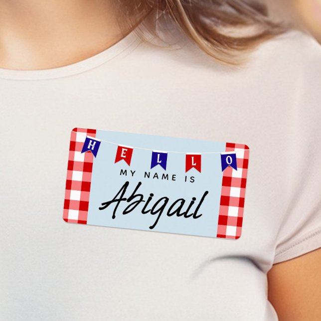 Cute Picnic Gingham "Hello My Name Is" Sticker (Cute Picnic "Hello My Name Is" Name Tags with Red Checks)
