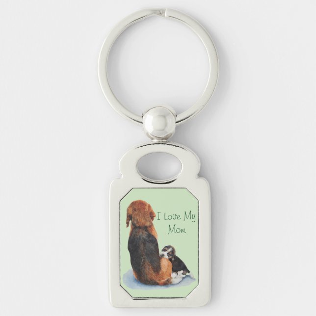 cute picture of puppy dog cuddling mum key ring (Front)
