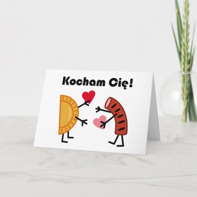 Cute Pierogi & Kielbasa Kocham Cie! (I Love You!) Holiday Card (Front)