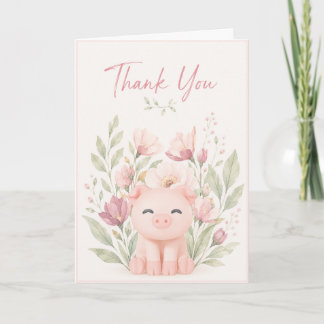 Cute pig amongst flowers thank you card