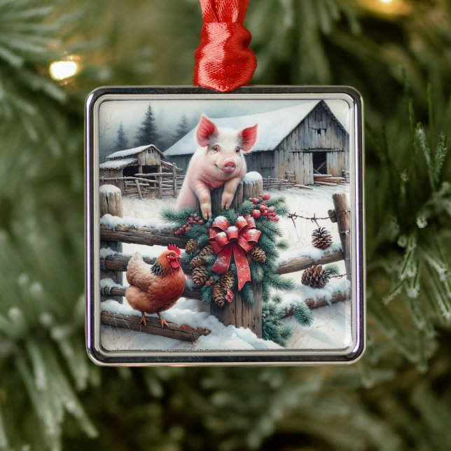 Cute Pig and Chicken Christmas Farm   Metal Tree Decoration (Tree)