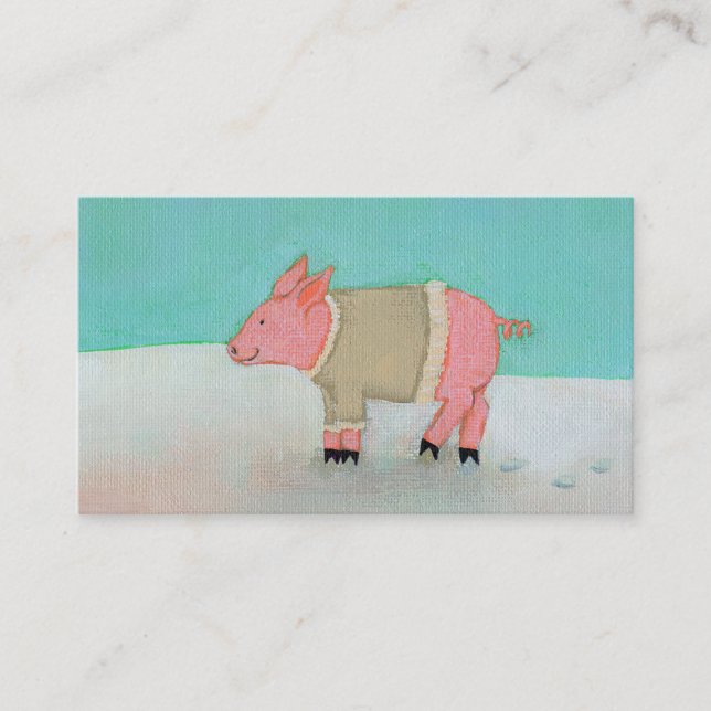 Cute pig art winter snow scene warm sweater business card (Front)