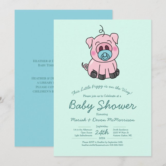 Cute Pig Baby Shower Kawaii Blue Boy Invitation (Front/Back)