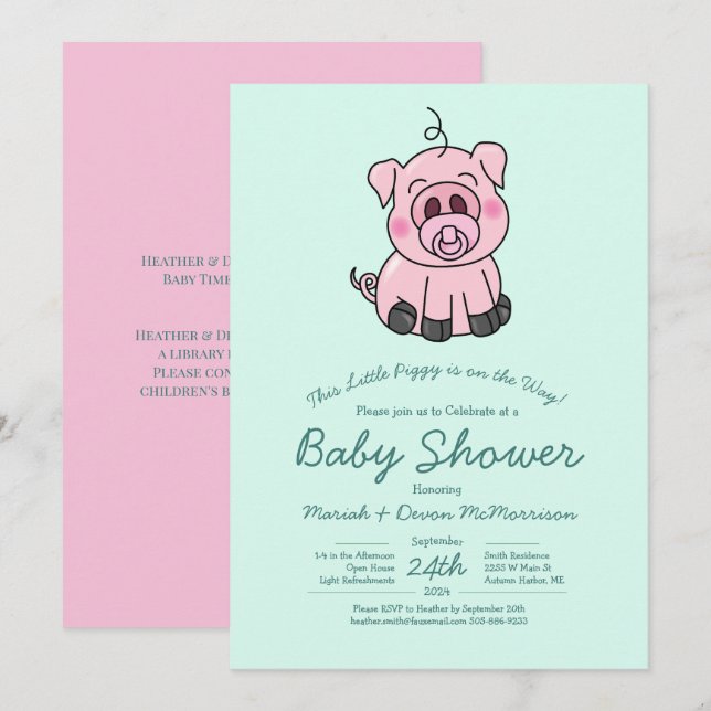 Cute Pig Baby Shower Kawaii Pink Girl Invitation (Front/Back)