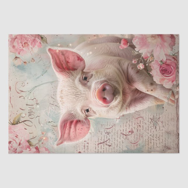 Cute Pig Blush Roses Floral Shabby Decoupage Tissue Paper (Front)