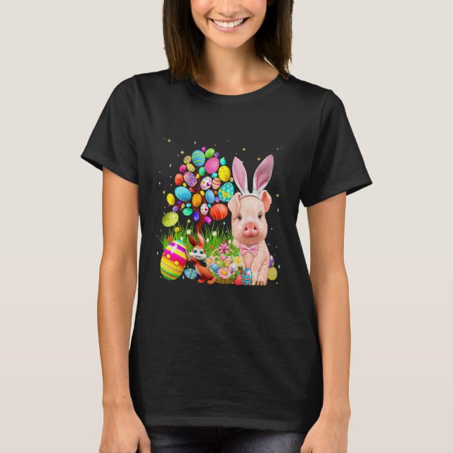 Cute Pig Bunny Egg Hunting Colourful T-Shirt (Front)