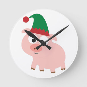 Cute Pig Christmas Elf Round Clock