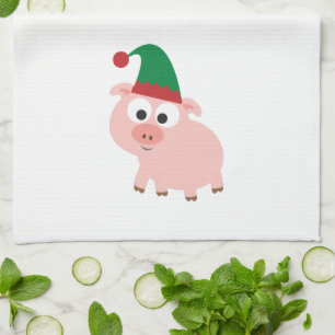 Cute Pig Christmas Elf Tea Towel