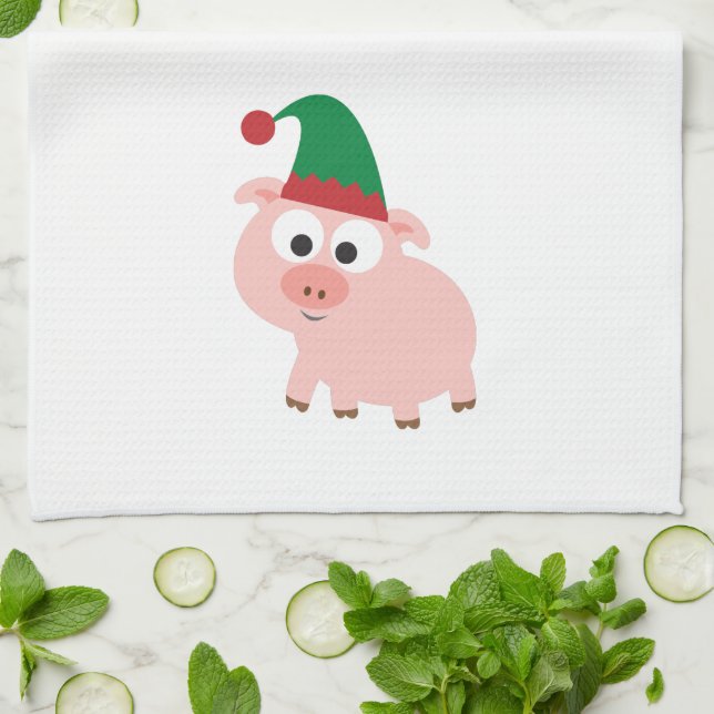 Cute Pig Christmas Elf Tea Towel (Folded)