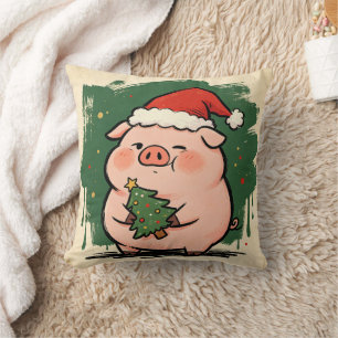 Cute Pig Christmas Tree Farm Animal Throw Pillow