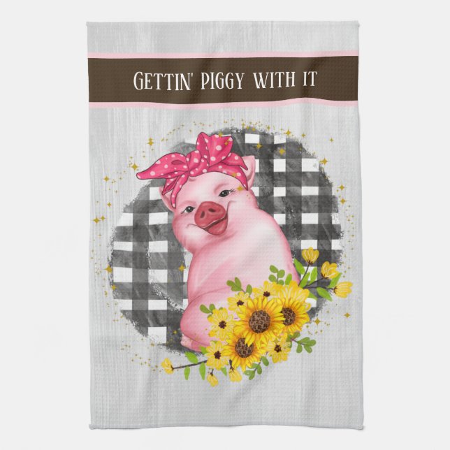 cute pig Country kitchen add text Tea Towel (Vertical)