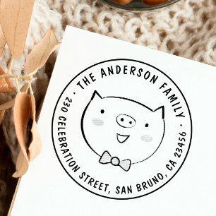Cute Pig Custom Family Name Round Return Address Rubber Stamp