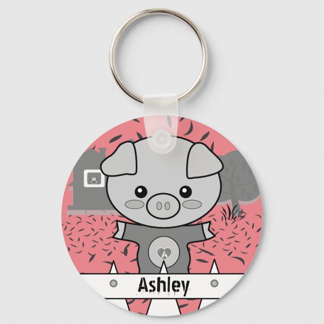Cute Pig Custom Name & Initial Key Ring (Front)