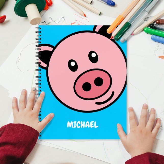 Cute Pig Head | Simple Cartoon Name Monogram Blue Notebook (Creator Uploaded)