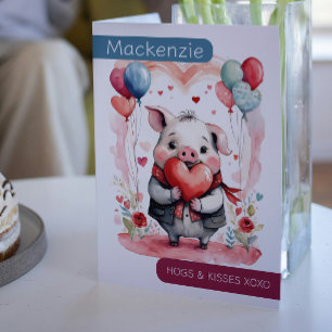 Cute Pig Hogs and Kisses personalised Valentines Holiday Card