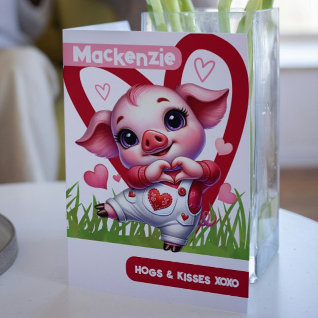 Cute Pig Hogs and Kisses personalised Valentines Holiday Card (Cute Pig Hogs and Kisses personalized Valentines Holiday Card from Ricaso. Cute pink pig love heart)